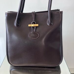 VTG y2k Mini 10” Longchamp Roseau Brown Leather Tote Bag NWOT One Owner Clean